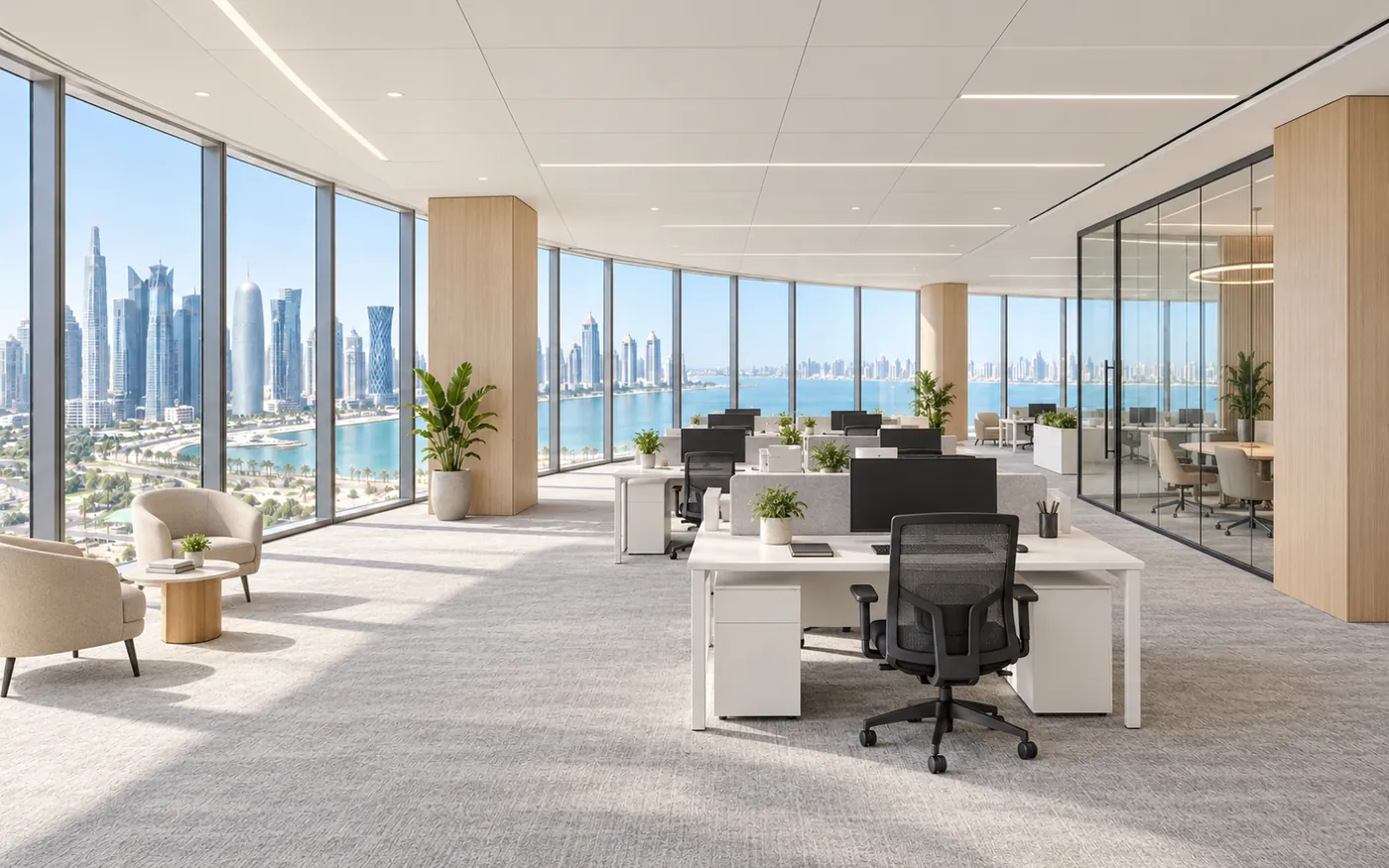 Illustrative finished office with desks, lighting and glazed meeting rooms
