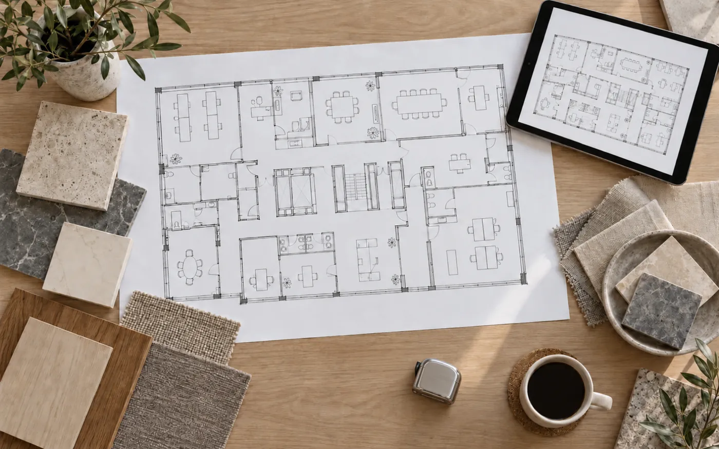 Illustrative project plans and material samples on a desk